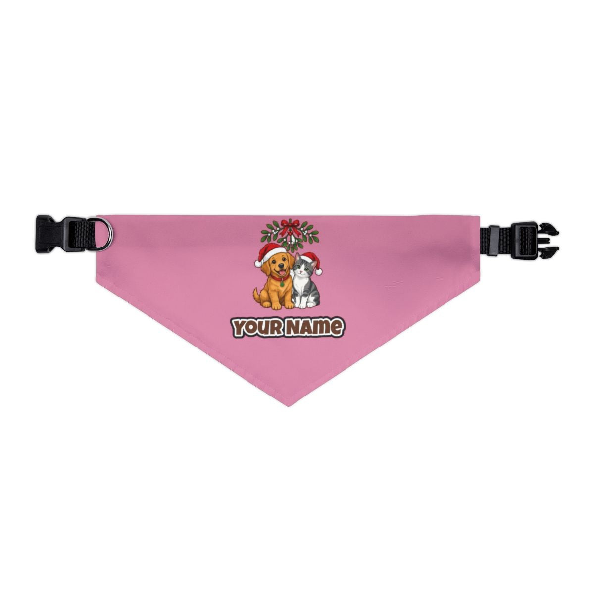 Puppy and Kitten Under Mistletoe personalised Christmas pet bandana in pink, collar with buckle