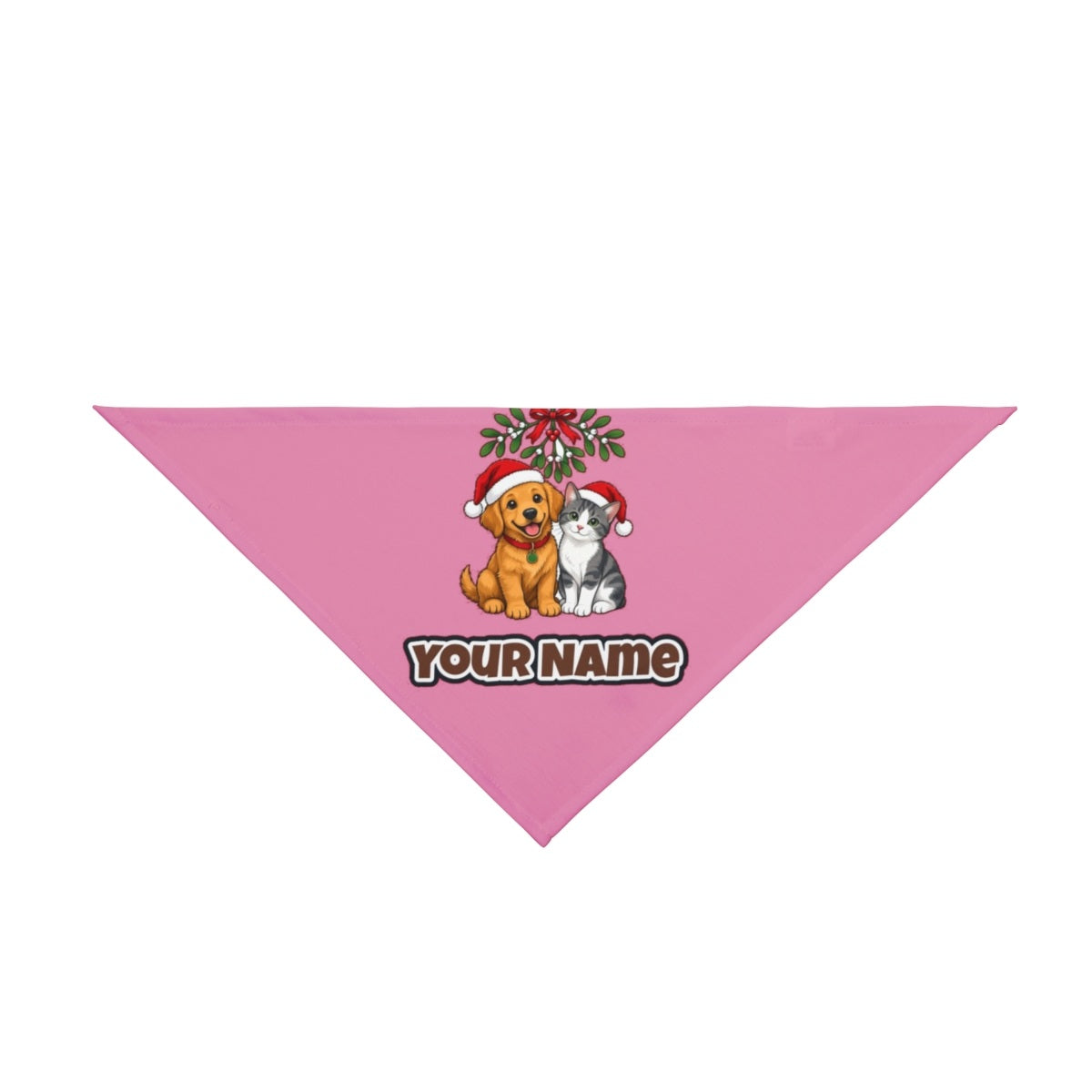 Puppy and Kitten Under Mistletoe personalised Christmas pet bandana in pink, tie-on style