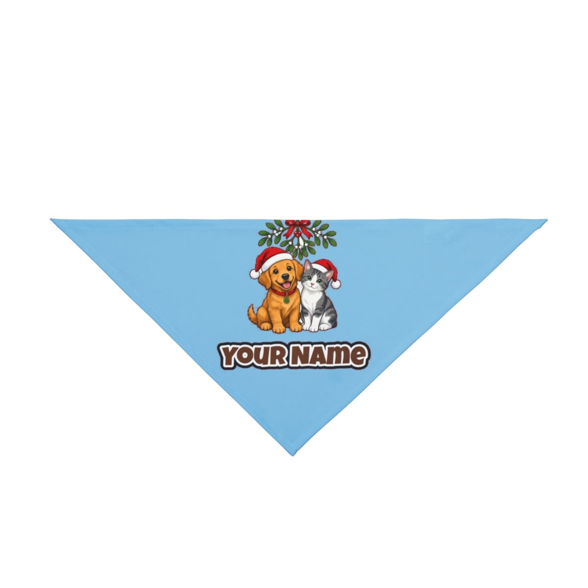 Puppy and Kitten Under Mistletoe personalised Christmas pet bandana in sky blue, tie-on style