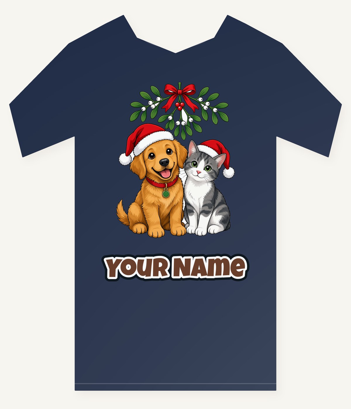 Puppy and Kitten Under Mistletoe Personalised Kids Tee and Baby Bodysuit