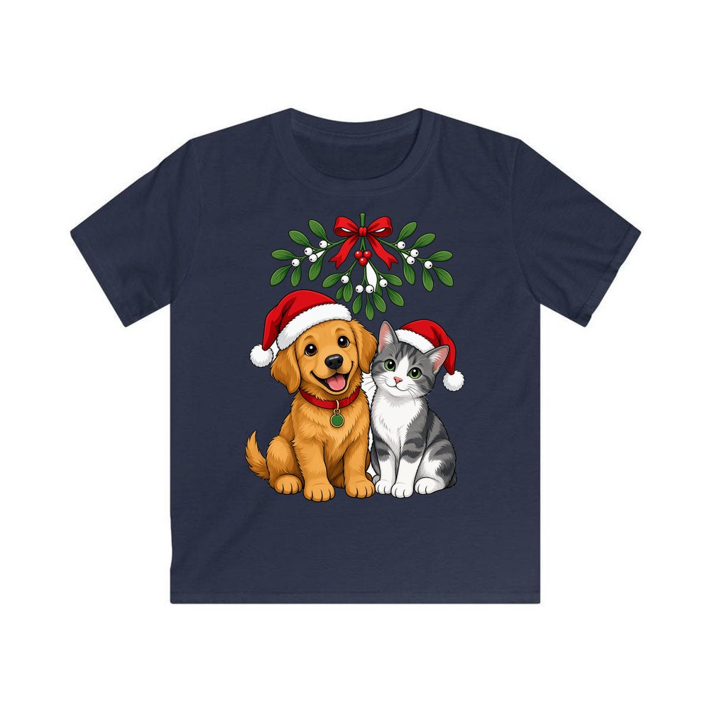 Puppy and Kitten Under Mistletoe personalised kids Christmas tee in navy