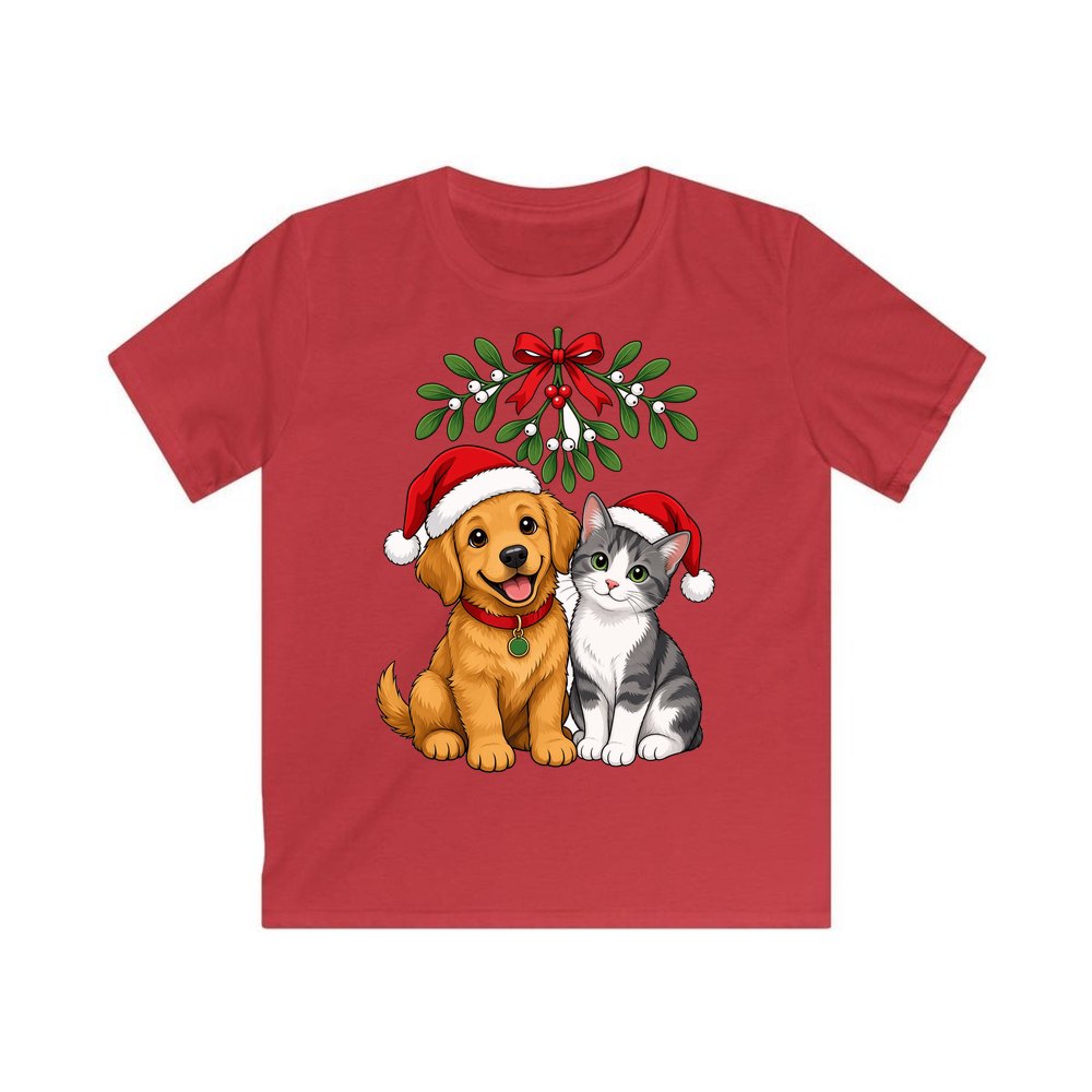 Puppy and Kitten Under Mistletoe personalised kids Christmas tee in red
