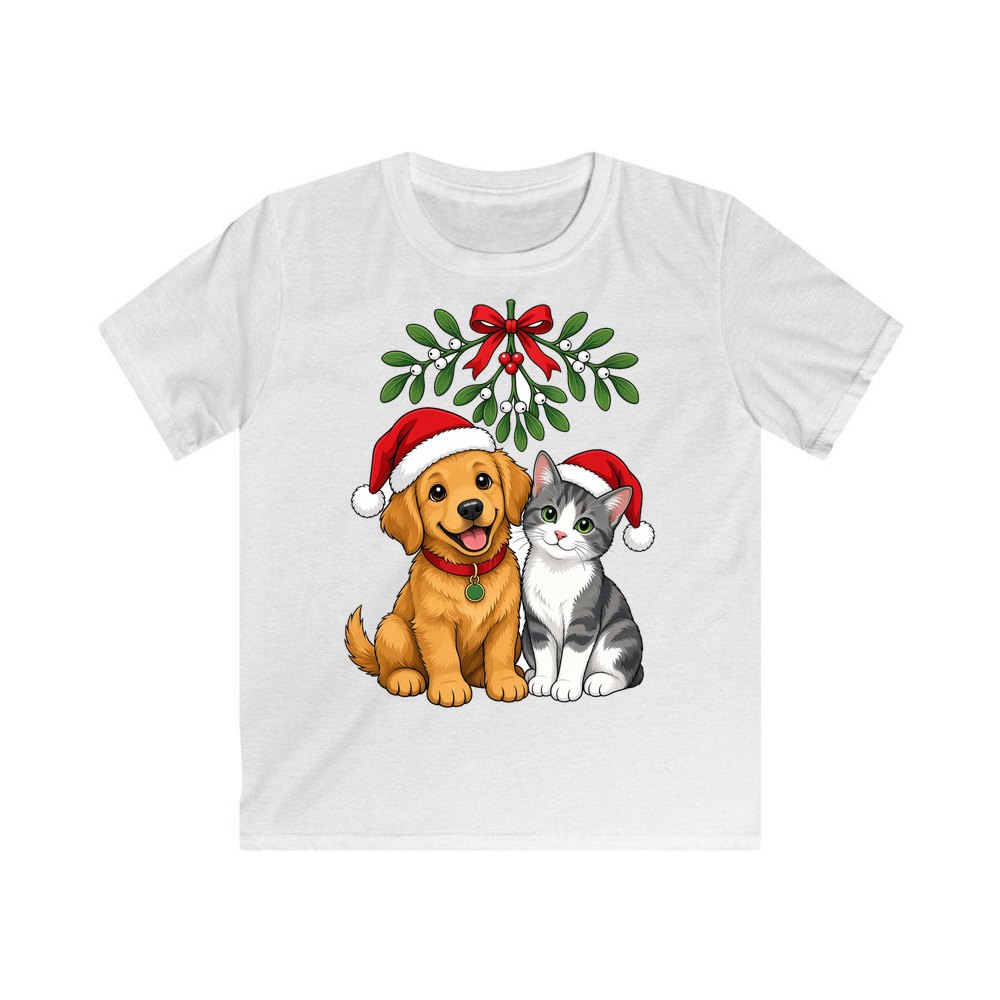Puppy and Kitten Under Mistletoe personalised kids Christmas tee in white