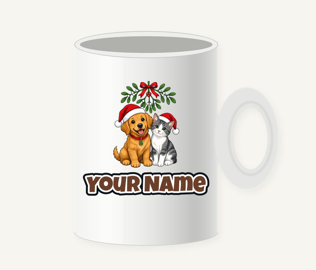 Puppy and Kitten Under Mistletoe Personalised Christmas Mug