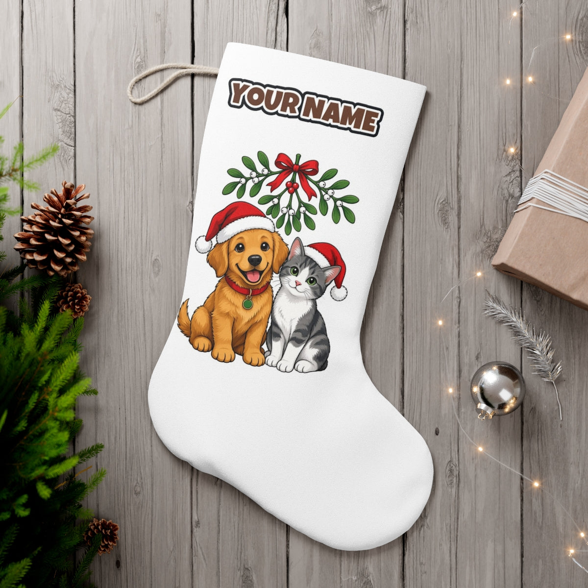 Puppy and Kitten Under Mistletoe personalised Christmas stocking, white, with the name across the top
