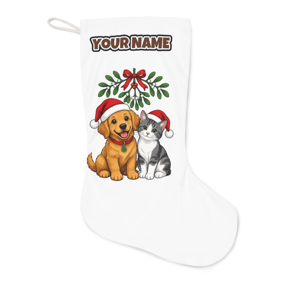 Puppy and Kitten Under Mistletoe Christmas stocking laid flat, showing the full print