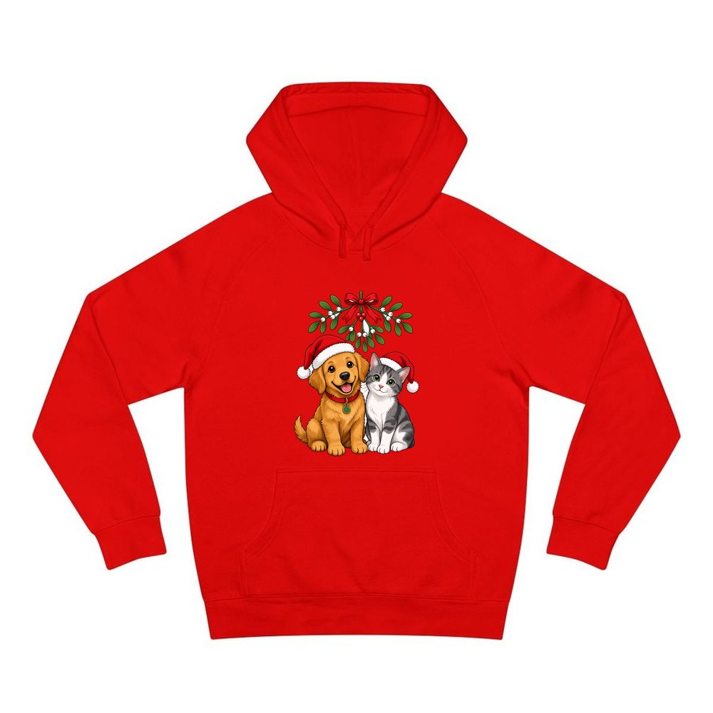 Puppy and Kitten Under Mistletoe personalised Christmas hoodie in red