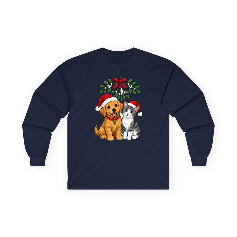 Puppy and Kitten Under Mistletoe personalised long sleeve Christmas T-shirt in navy