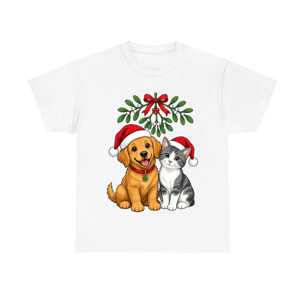 Puppy and Kitten Under Mistletoe personalised Christmas T-shirt in white
