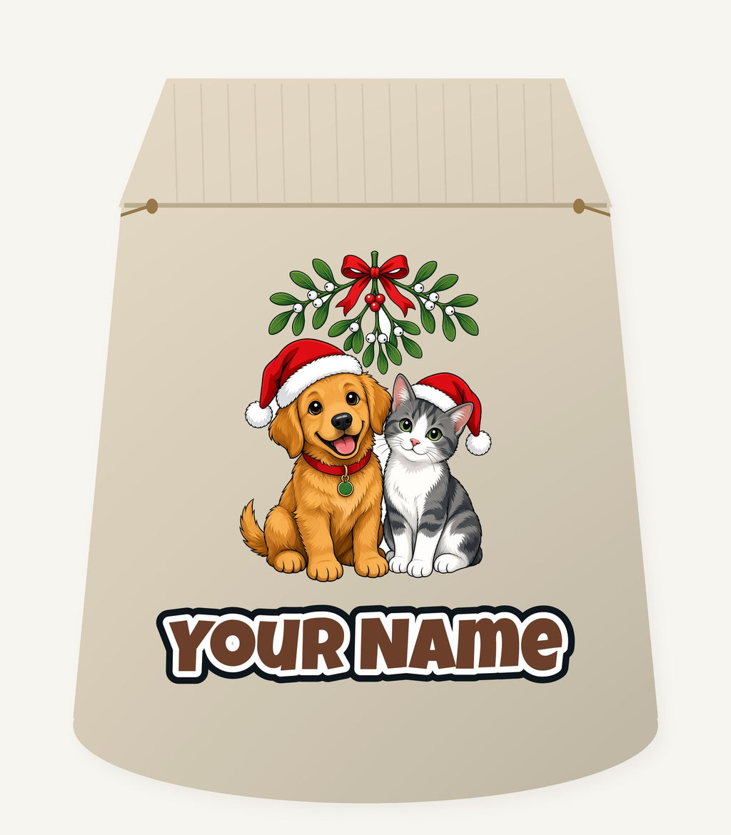 Puppy and Kitten Under Mistletoe Personalised Santa Sack