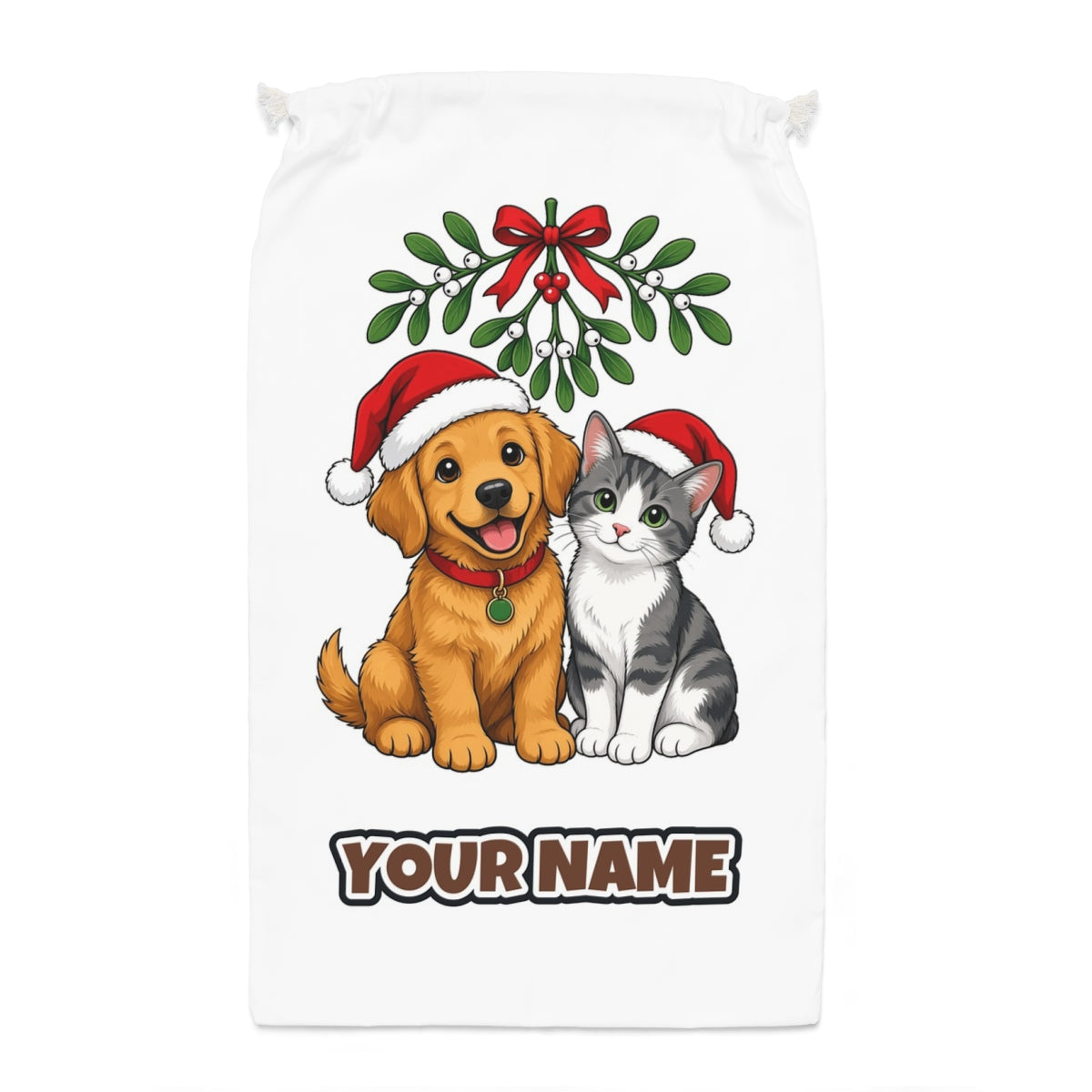 Puppy and Kitten Under Mistletoe Santa sack laid flat, showing the full print