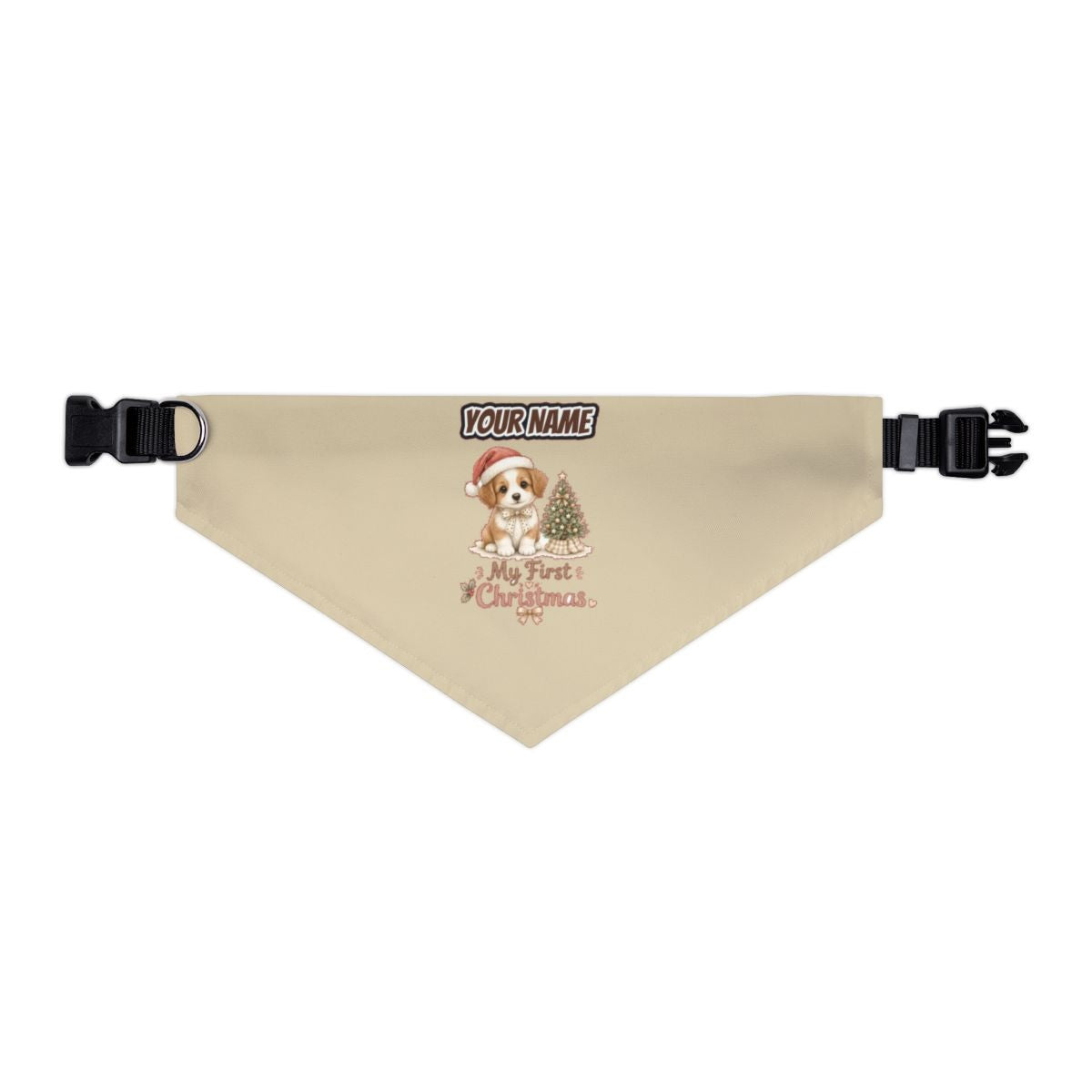Puppy First Christmas personalised Christmas pet bandana in beige, collar with buckle