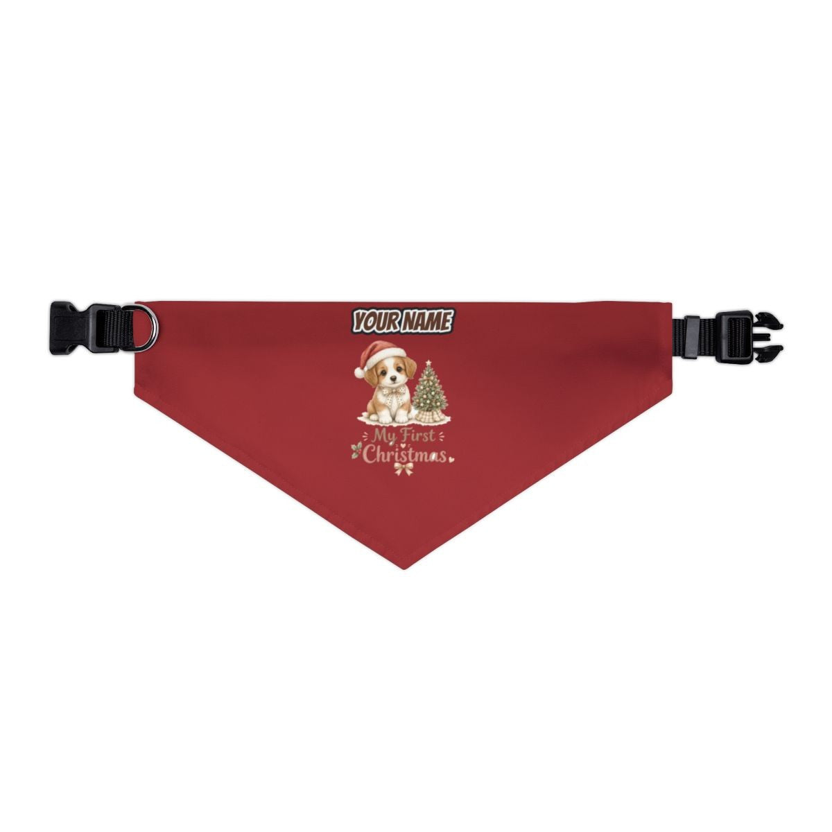 Puppy First Christmas personalised Christmas pet bandana in red, collar with buckle