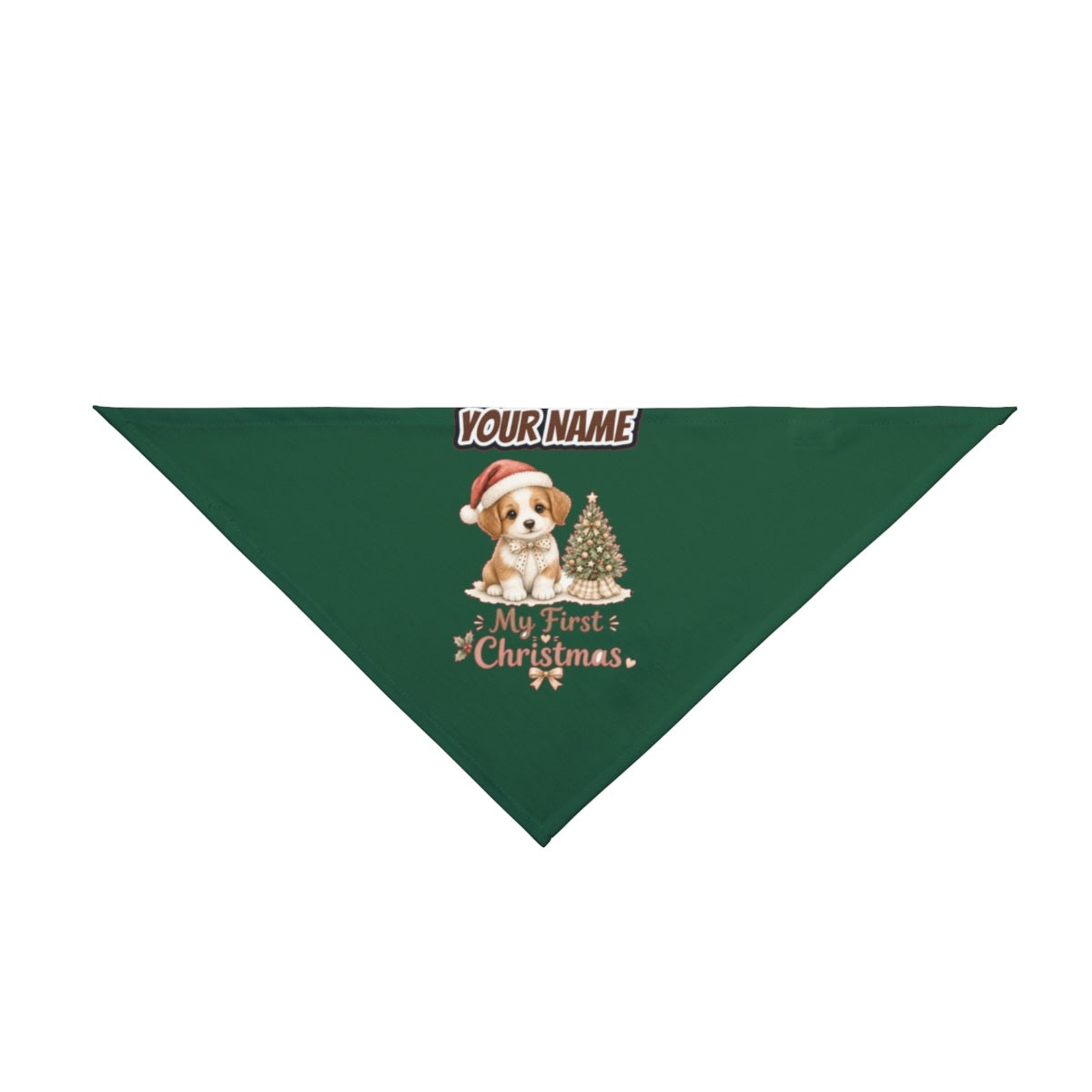 Puppy First Christmas personalised Christmas pet bandana in green, tie-on style