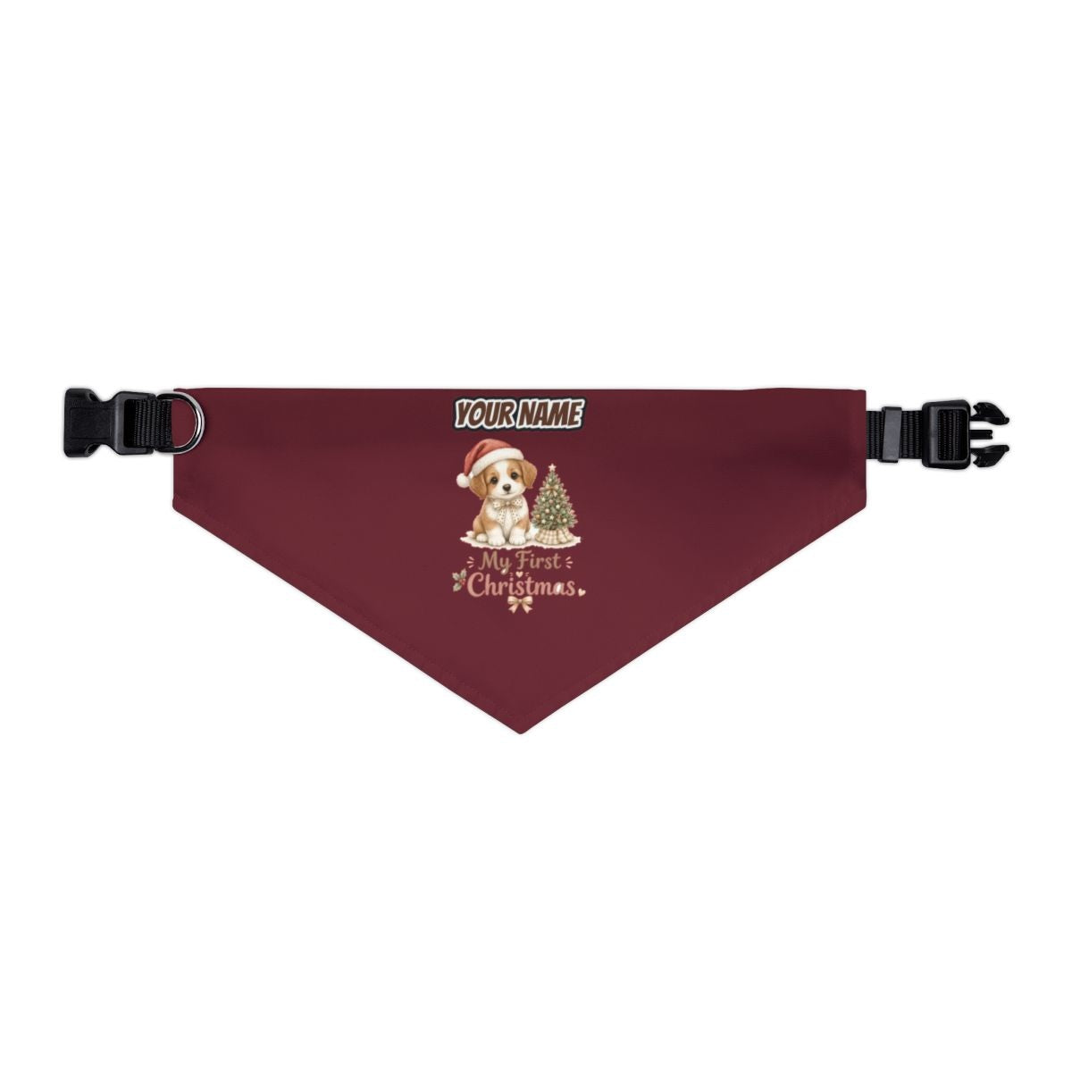 Puppy First Christmas personalised Christmas pet bandana in maroon, collar with buckle
