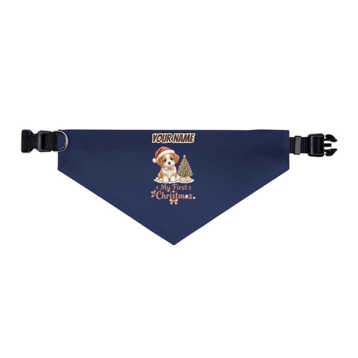 Puppy First Christmas personalised Christmas pet bandana in navy, collar with buckle