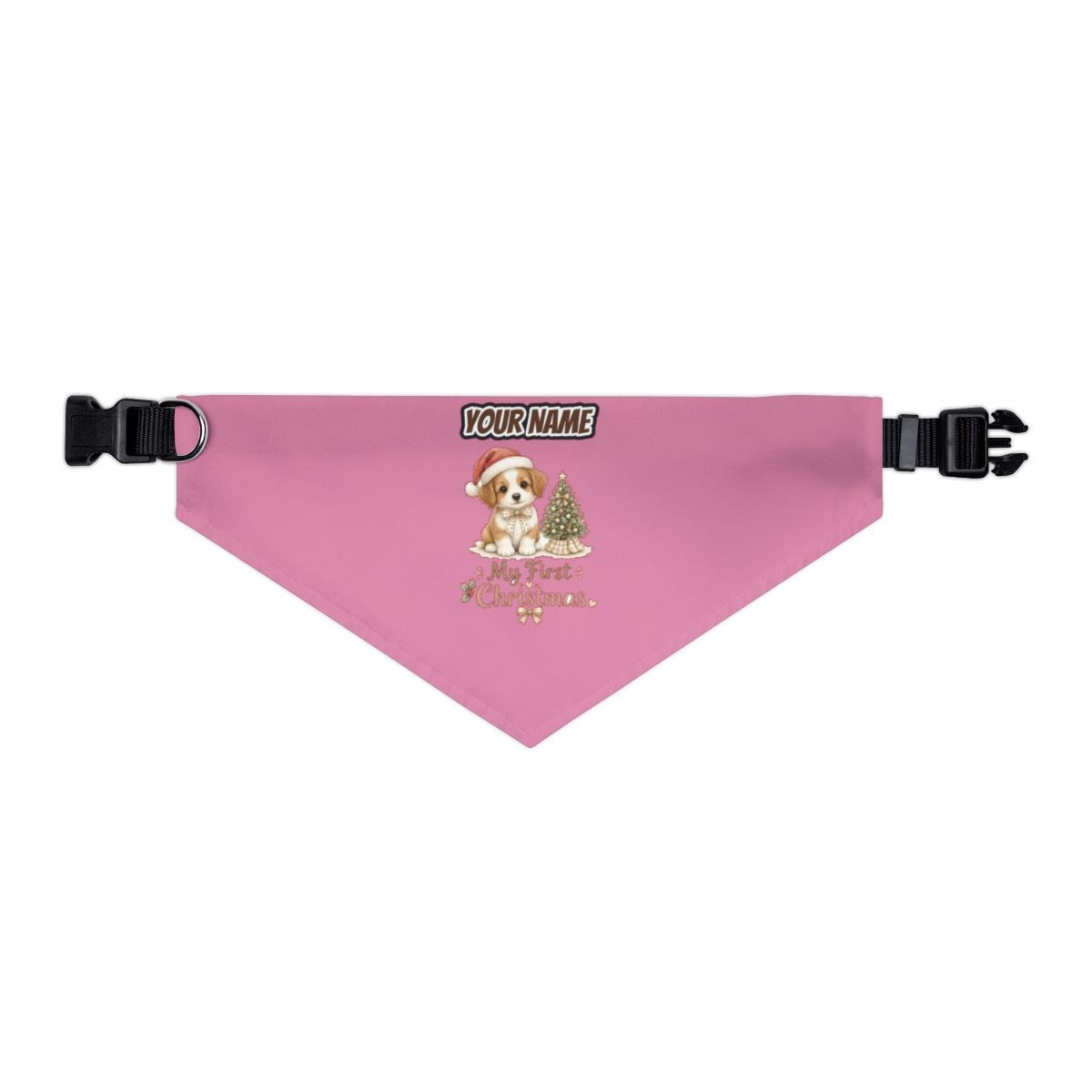 Puppy First Christmas personalised Christmas pet bandana in pink, collar with buckle