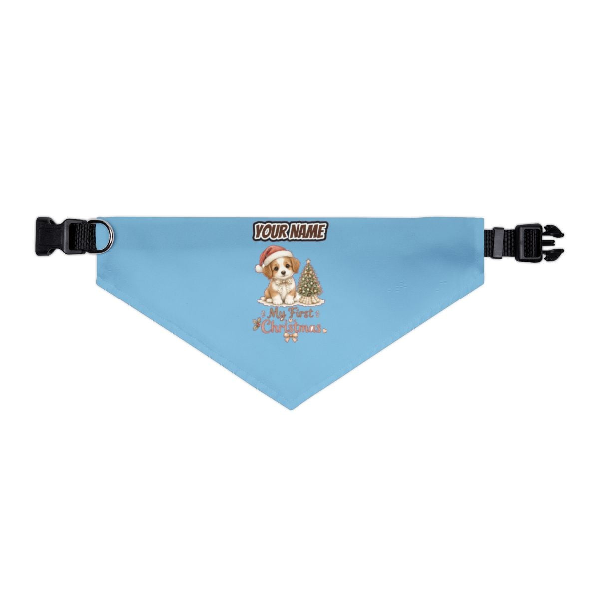 Puppy First Christmas personalised Christmas pet bandana in sky blue, collar with buckle