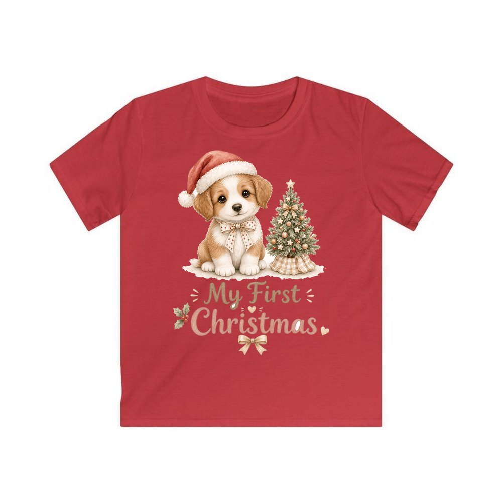 Puppy First Christmas personalised kids Christmas tee in red