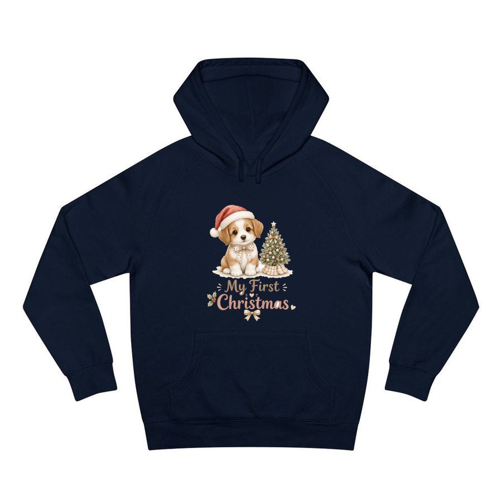 Puppy First Christmas personalised Christmas hoodie in navy