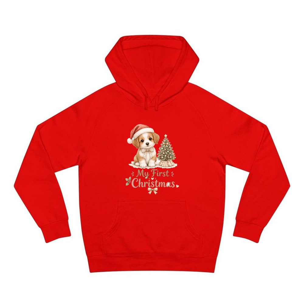 Puppy First Christmas personalised Christmas hoodie in red