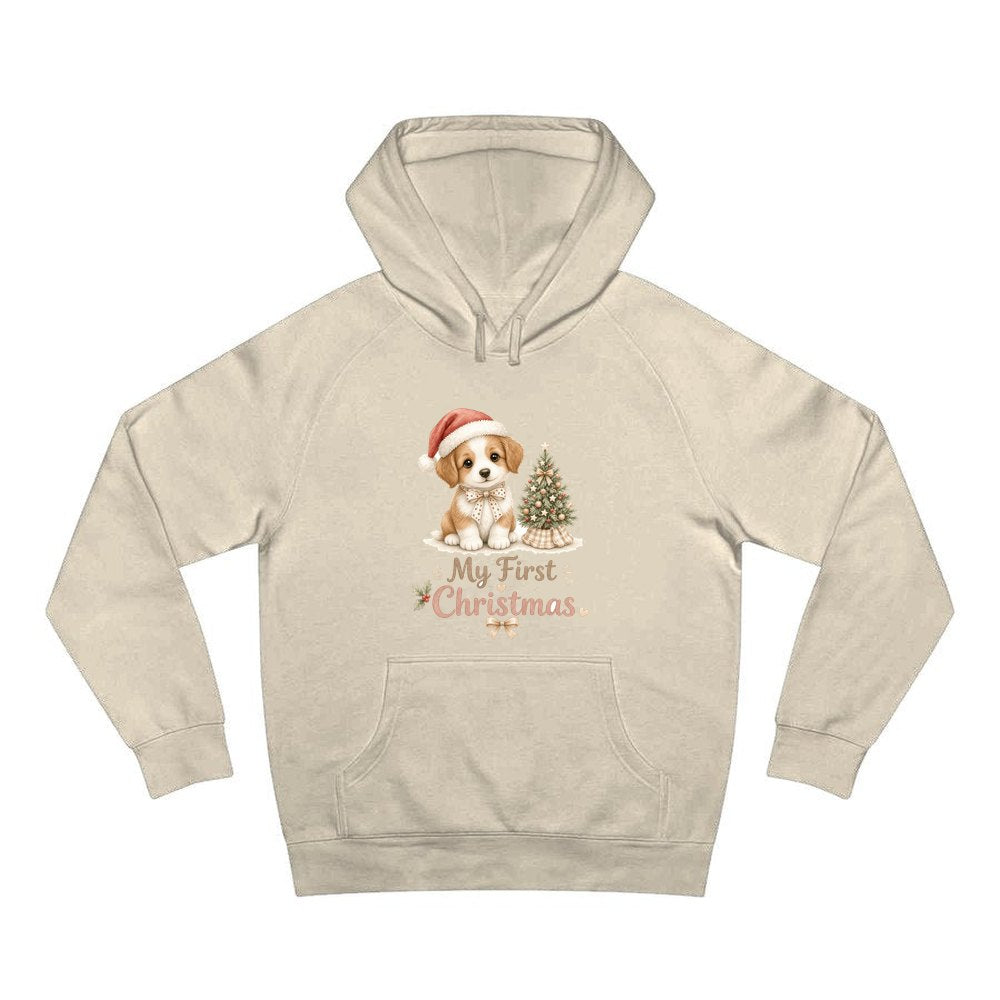 Puppy First Christmas personalised Christmas hoodie in sand