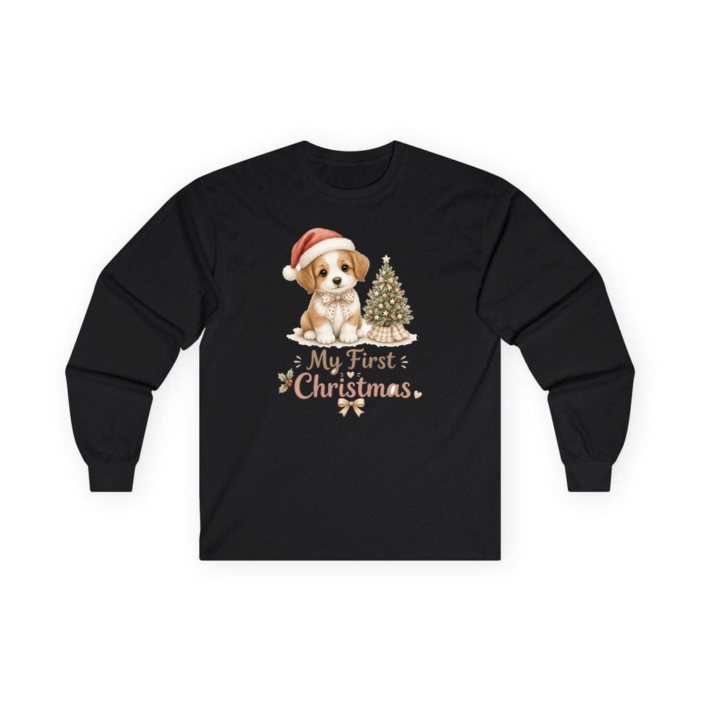 Puppy First Christmas personalised long sleeve Christmas T-shirt in black