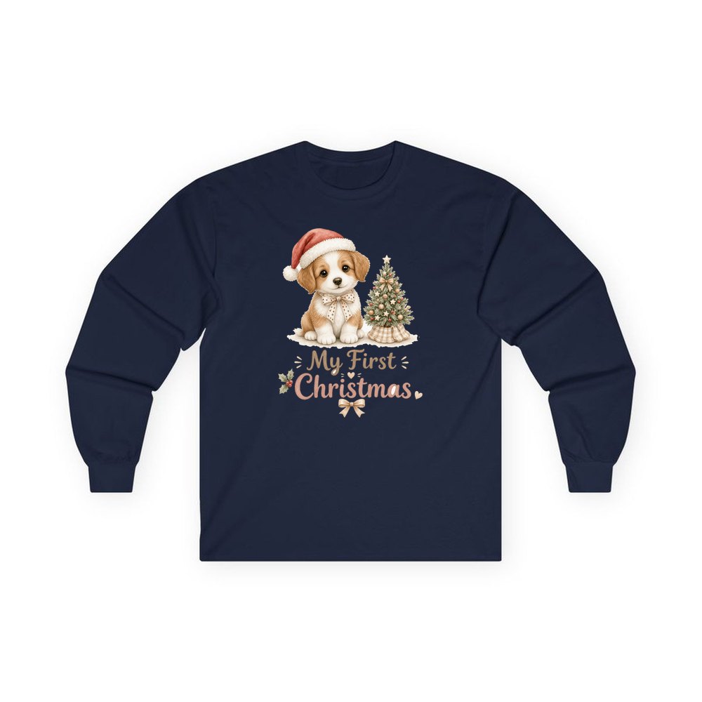 Puppy First Christmas personalised long sleeve Christmas T-shirt in navy