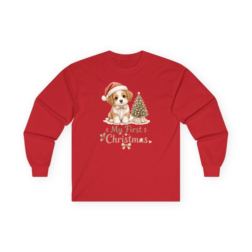 Puppy First Christmas personalised long sleeve Christmas T-shirt in red