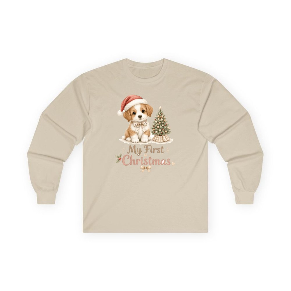Puppy First Christmas personalised long sleeve Christmas T-shirt in sand