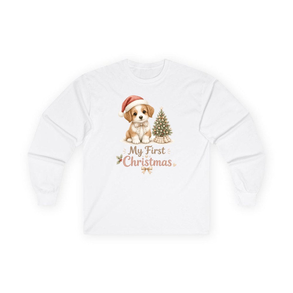 Puppy First Christmas personalised long sleeve Christmas T-shirt in white