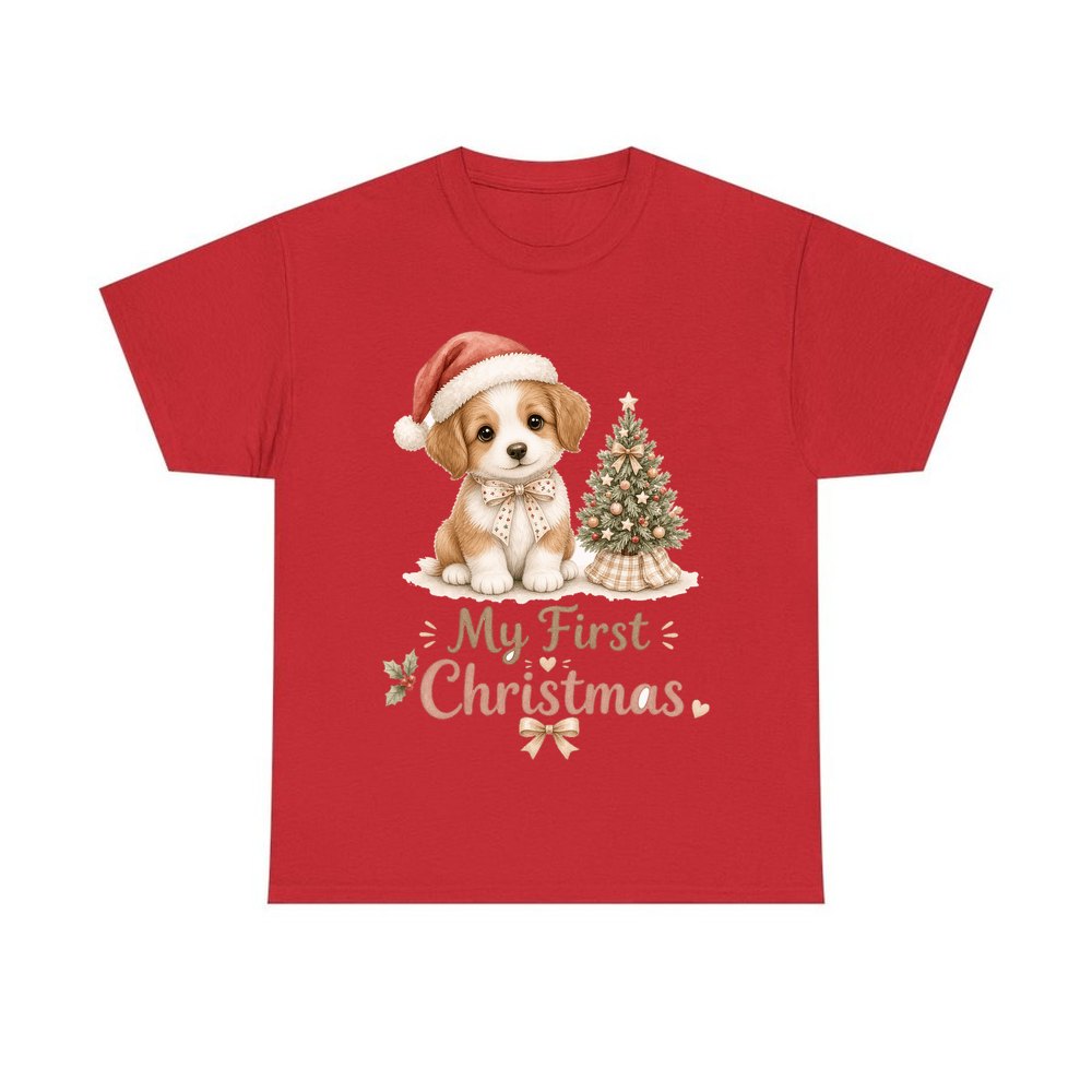 Puppy First Christmas personalised Christmas T-shirt in red