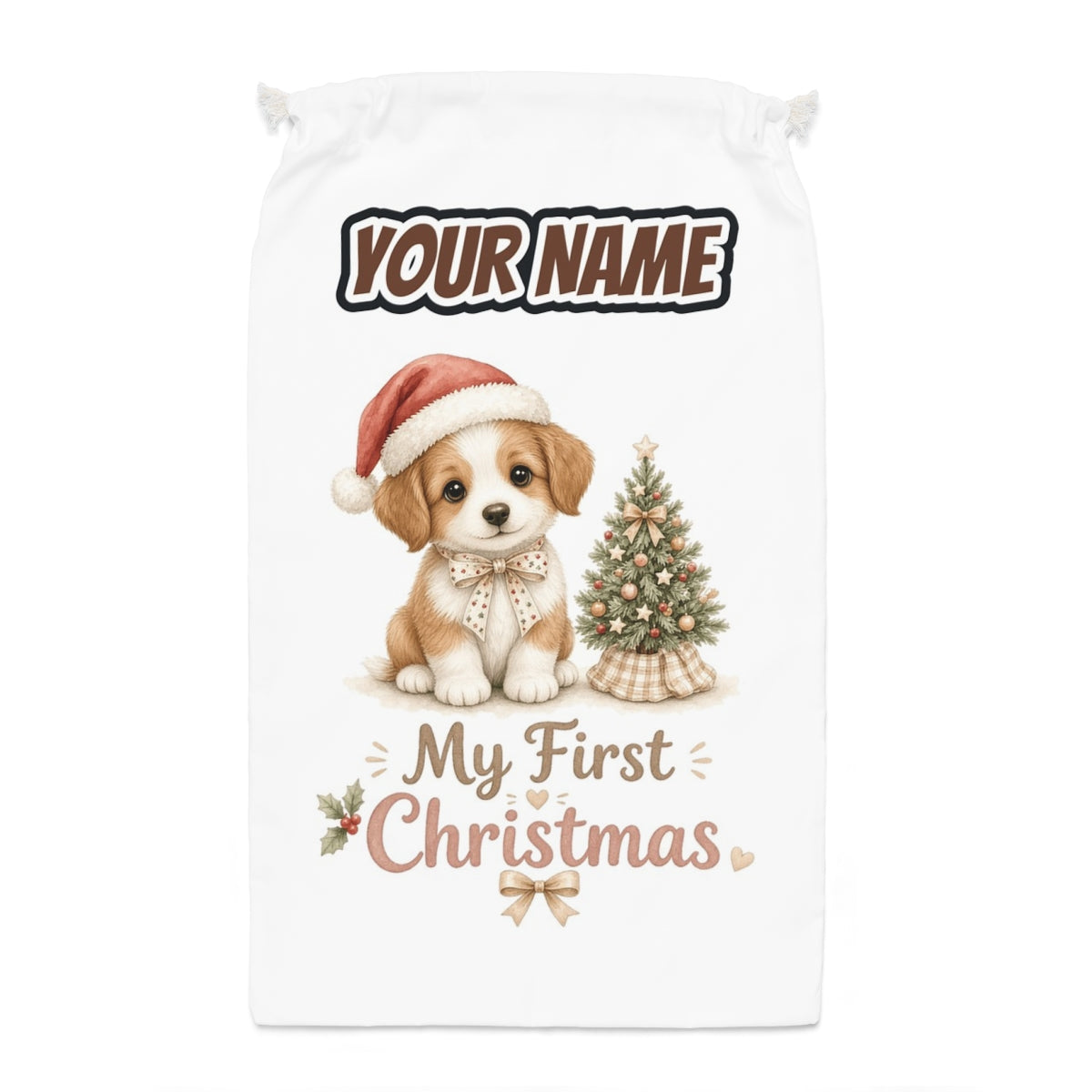 Puppy First Christmas Santa sack laid flat, showing the full print