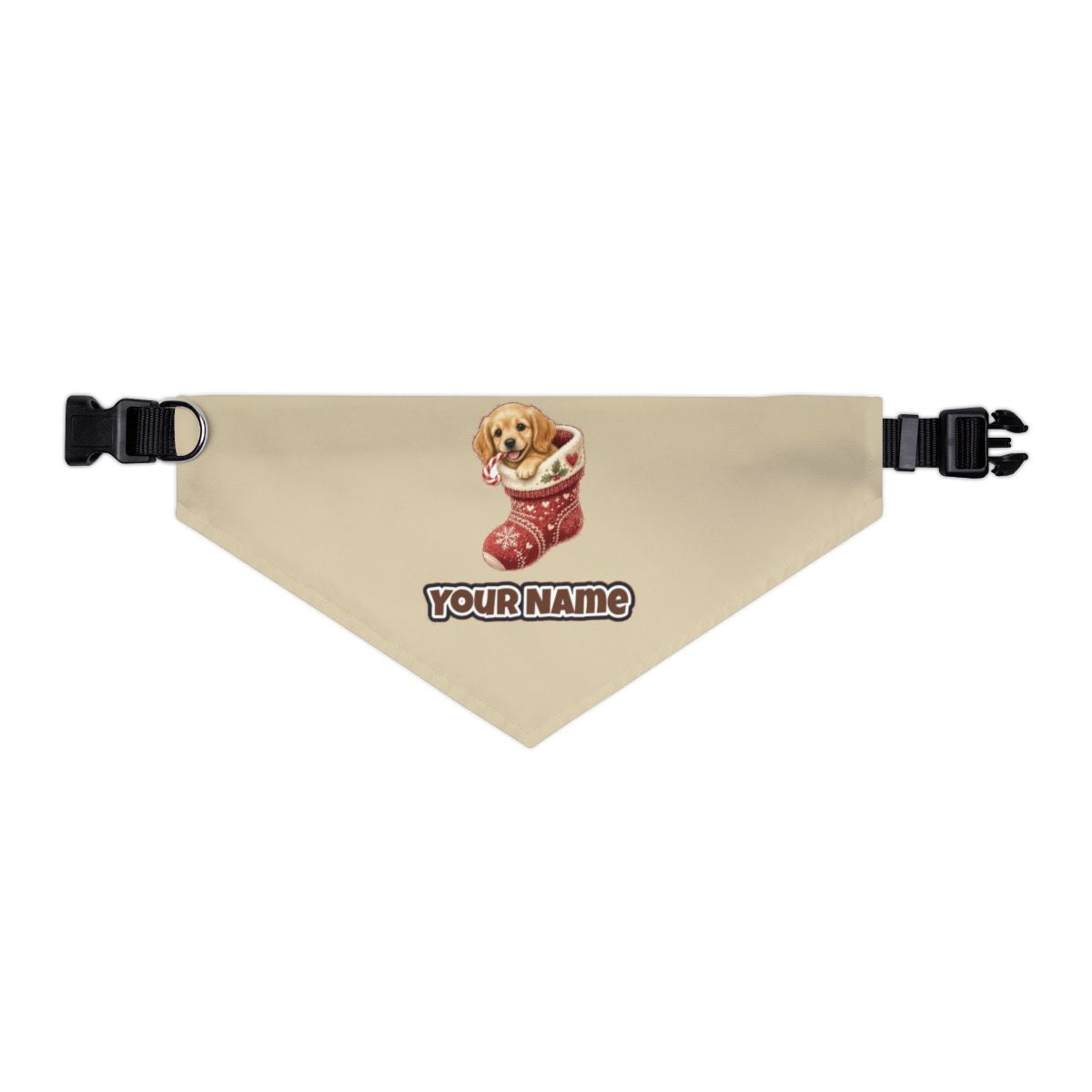 Puppy In A Stocking personalised Christmas pet bandana in beige, collar with buckle