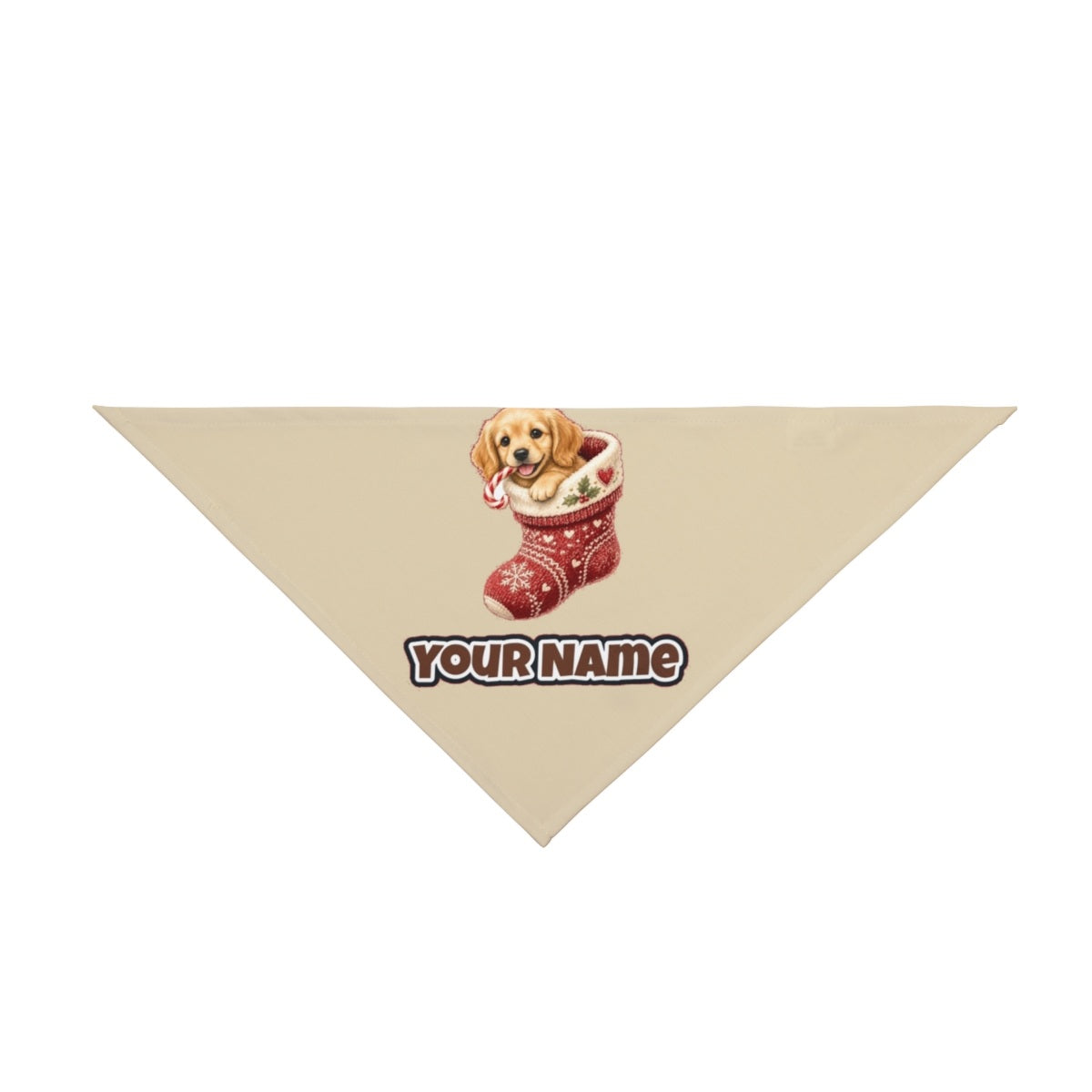 Puppy In A Stocking personalised Christmas pet bandana in beige, tie-on style