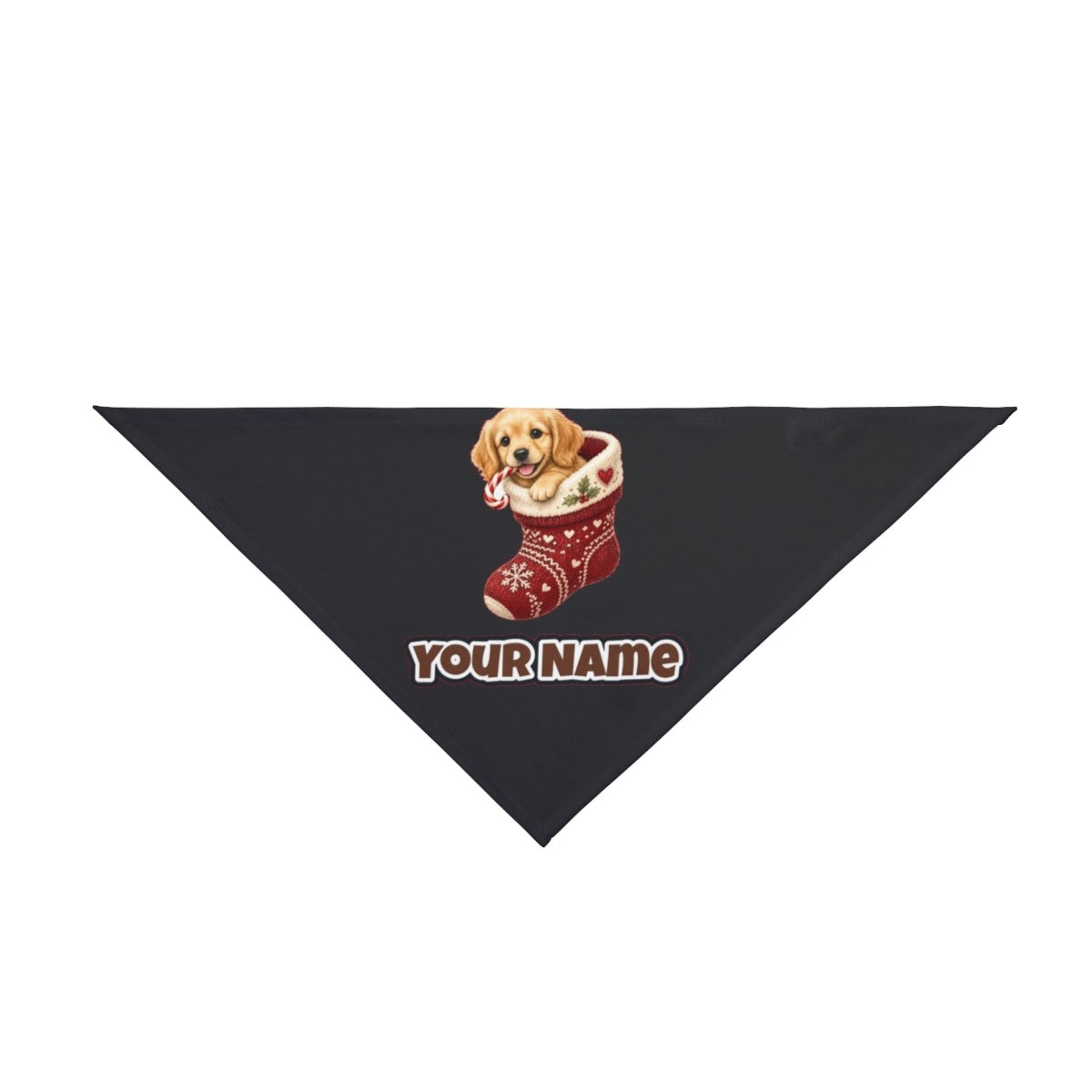 Puppy In A Stocking personalised Christmas pet bandana in black, tie-on style