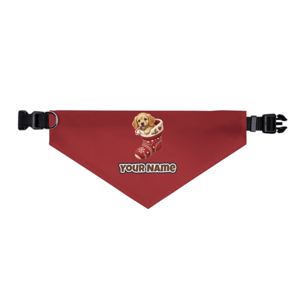 Puppy In A Stocking personalised Christmas pet bandana in red, collar with buckle