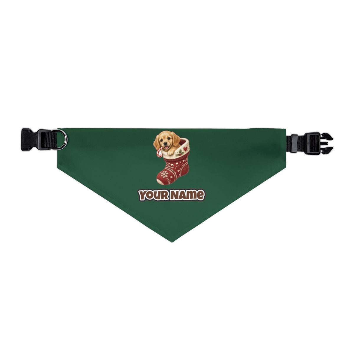Puppy In A Stocking personalised Christmas pet bandana in green, collar with buckle