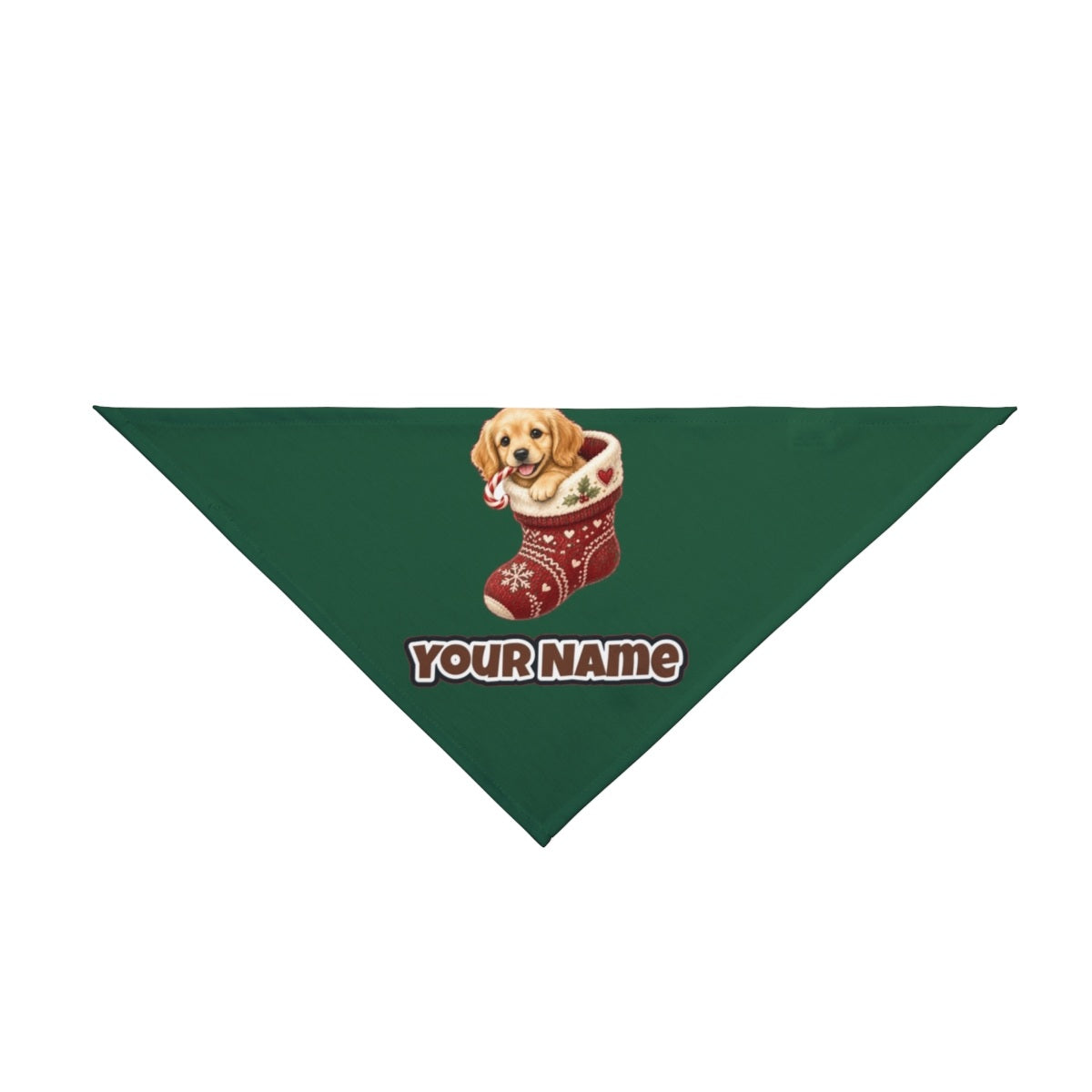 Puppy In A Stocking personalised Christmas pet bandana in green, tie-on style
