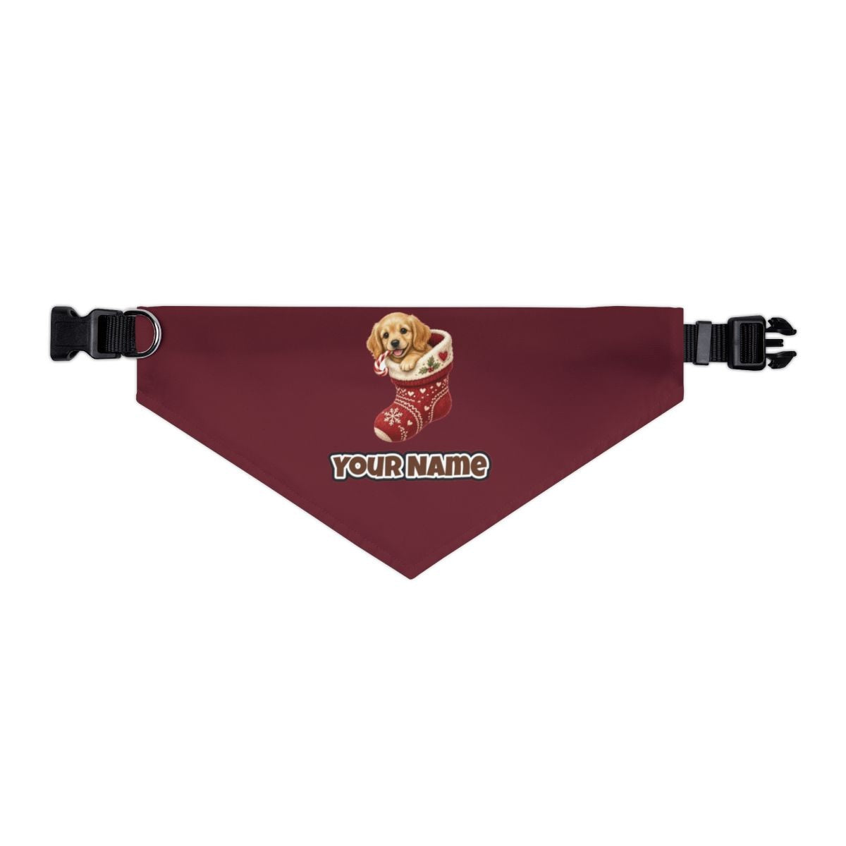 Puppy In A Stocking personalised Christmas pet bandana in maroon, collar with buckle