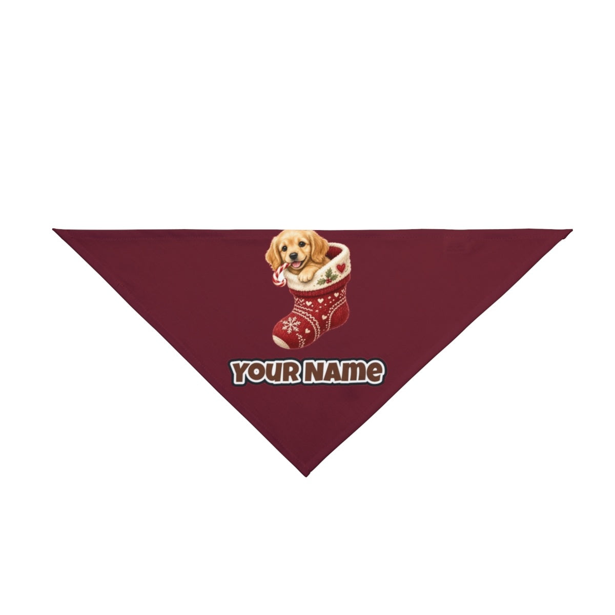 Puppy In A Stocking personalised Christmas pet bandana in maroon, tie-on style