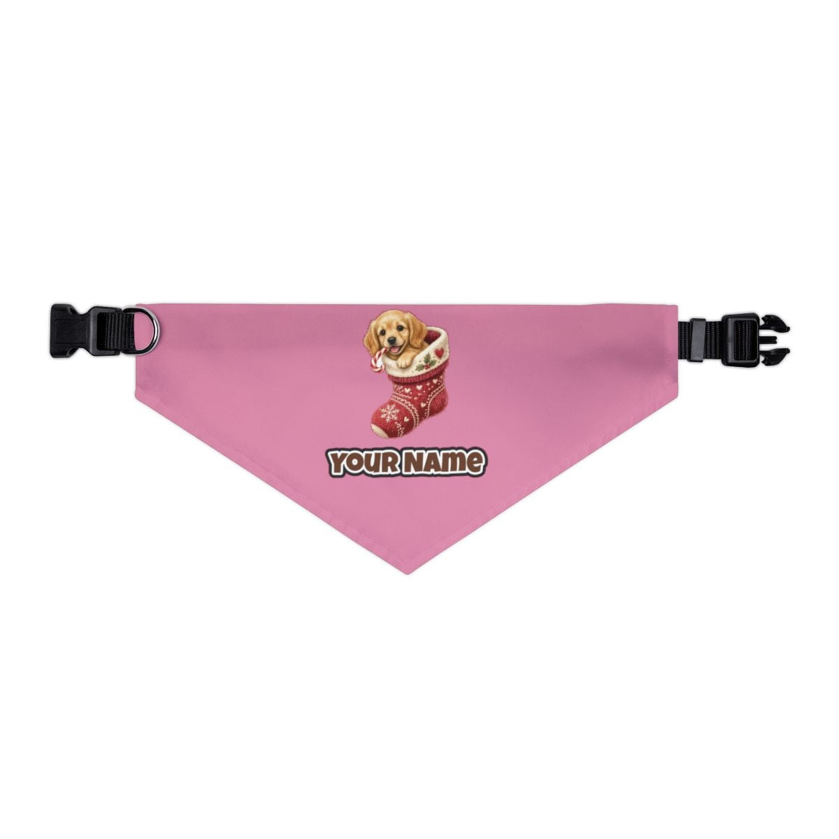 Puppy In A Stocking personalised Christmas pet bandana in pink, collar with buckle