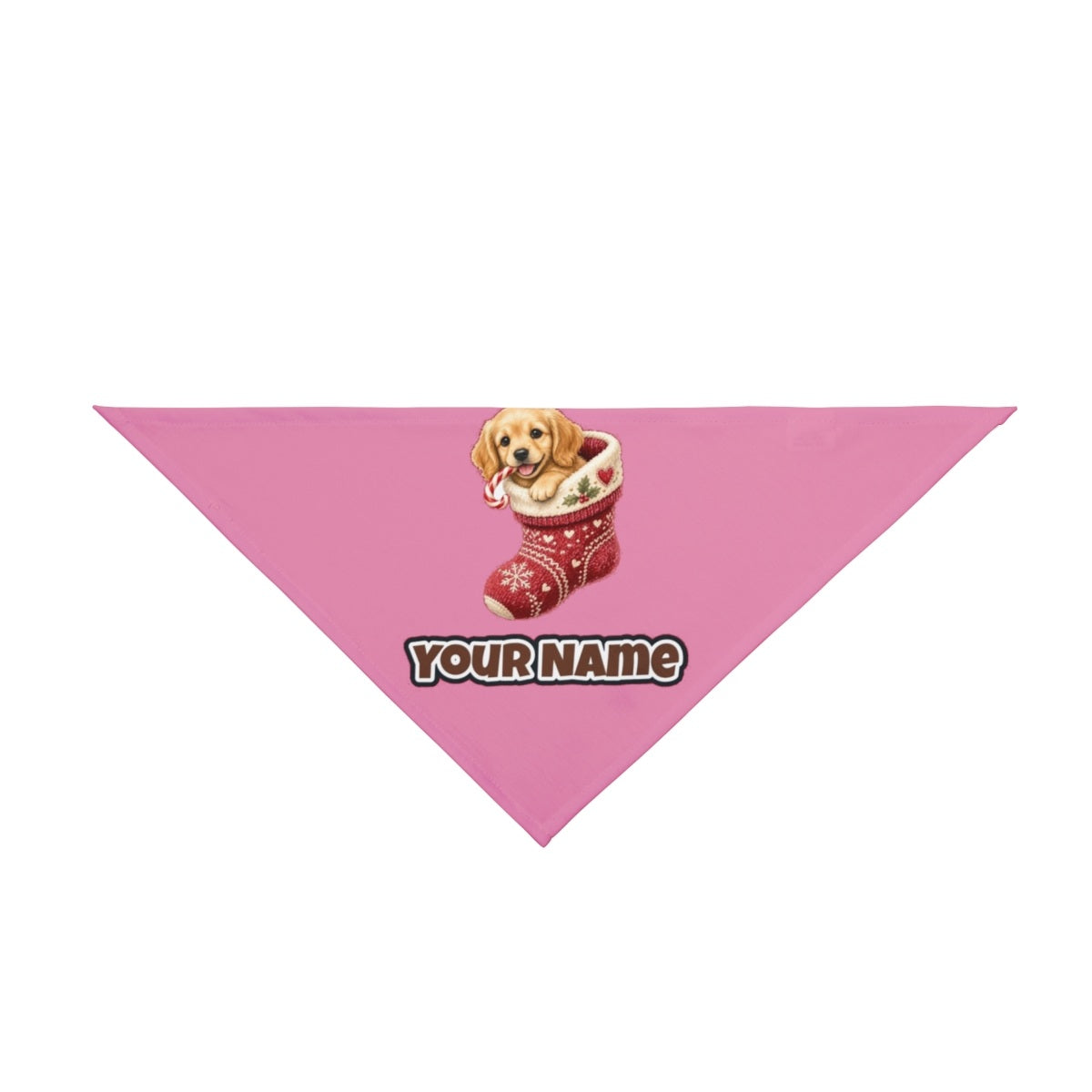 Puppy In A Stocking personalised Christmas pet bandana in pink, tie-on style