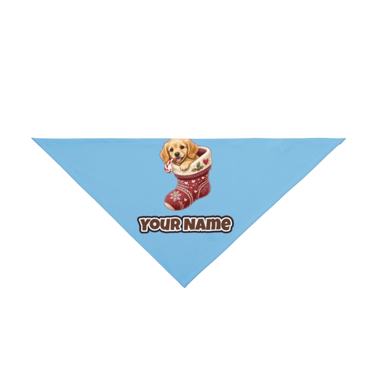 Puppy In A Stocking personalised Christmas pet bandana in sky blue, tie-on style