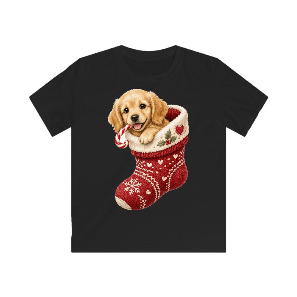Puppy In A Stocking personalised kids Christmas tee in black