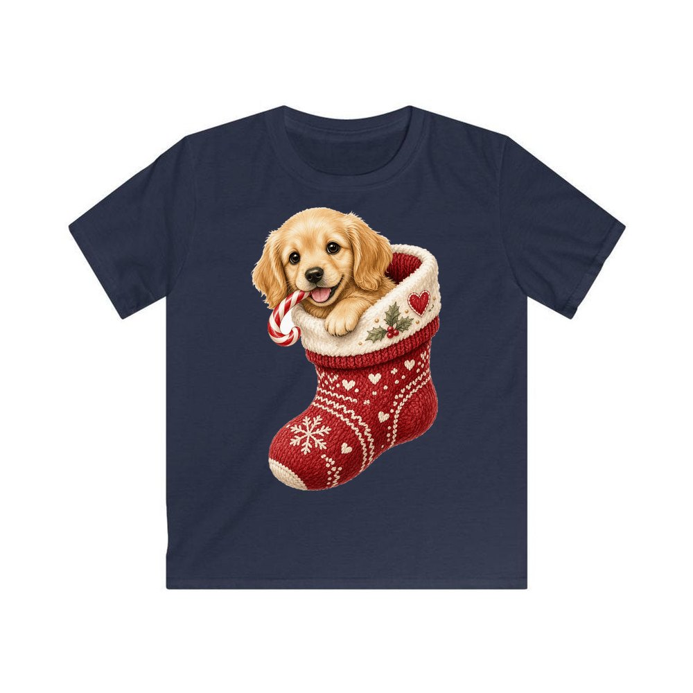 Puppy In A Stocking personalised kids Christmas tee in navy