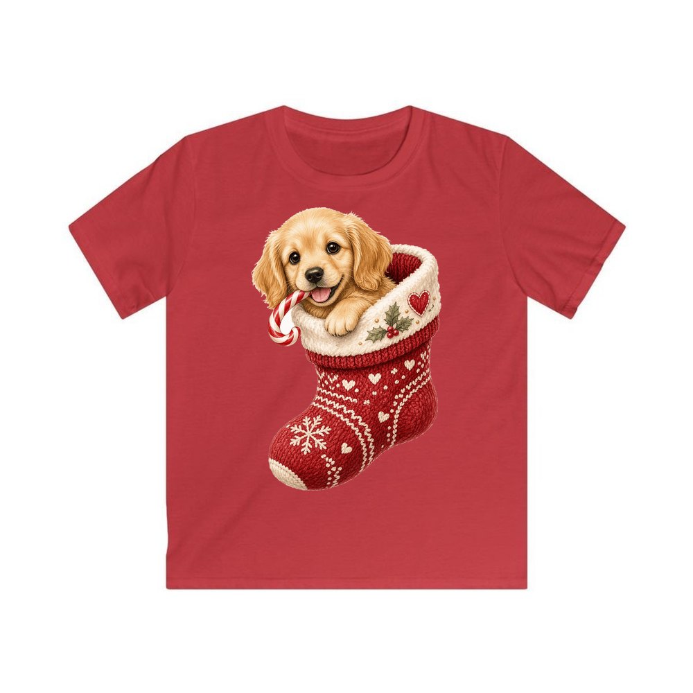 Puppy In A Stocking personalised kids Christmas tee in red