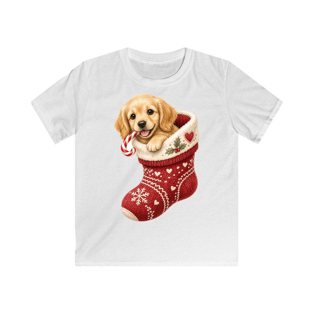 Puppy In A Stocking personalised kids Christmas tee in white