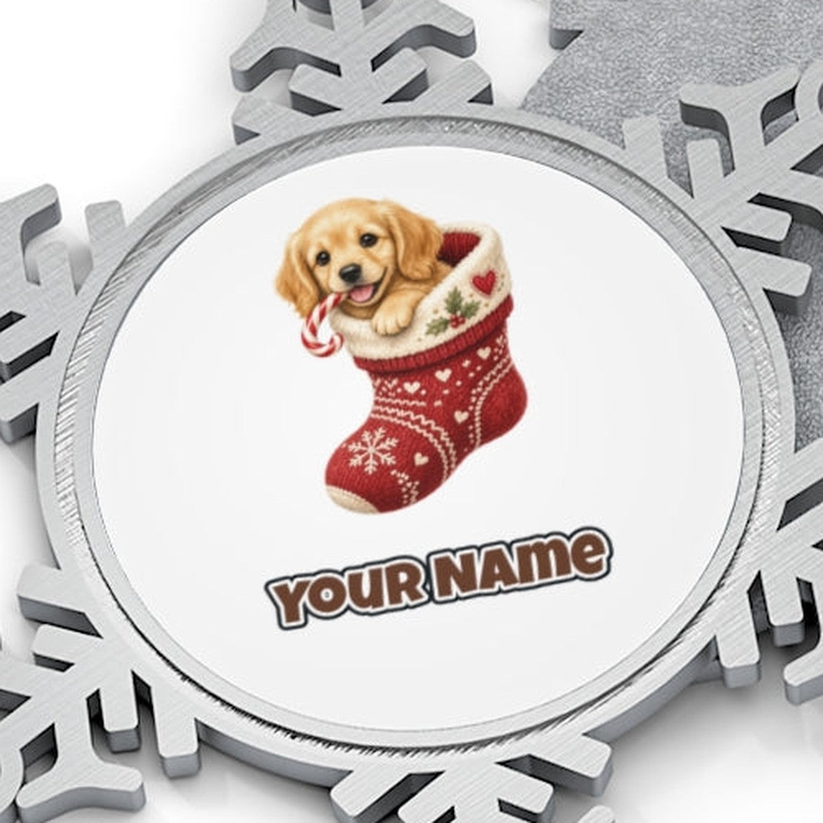 Puppy In A Stocking Personalised Pewter Christmas Ornament