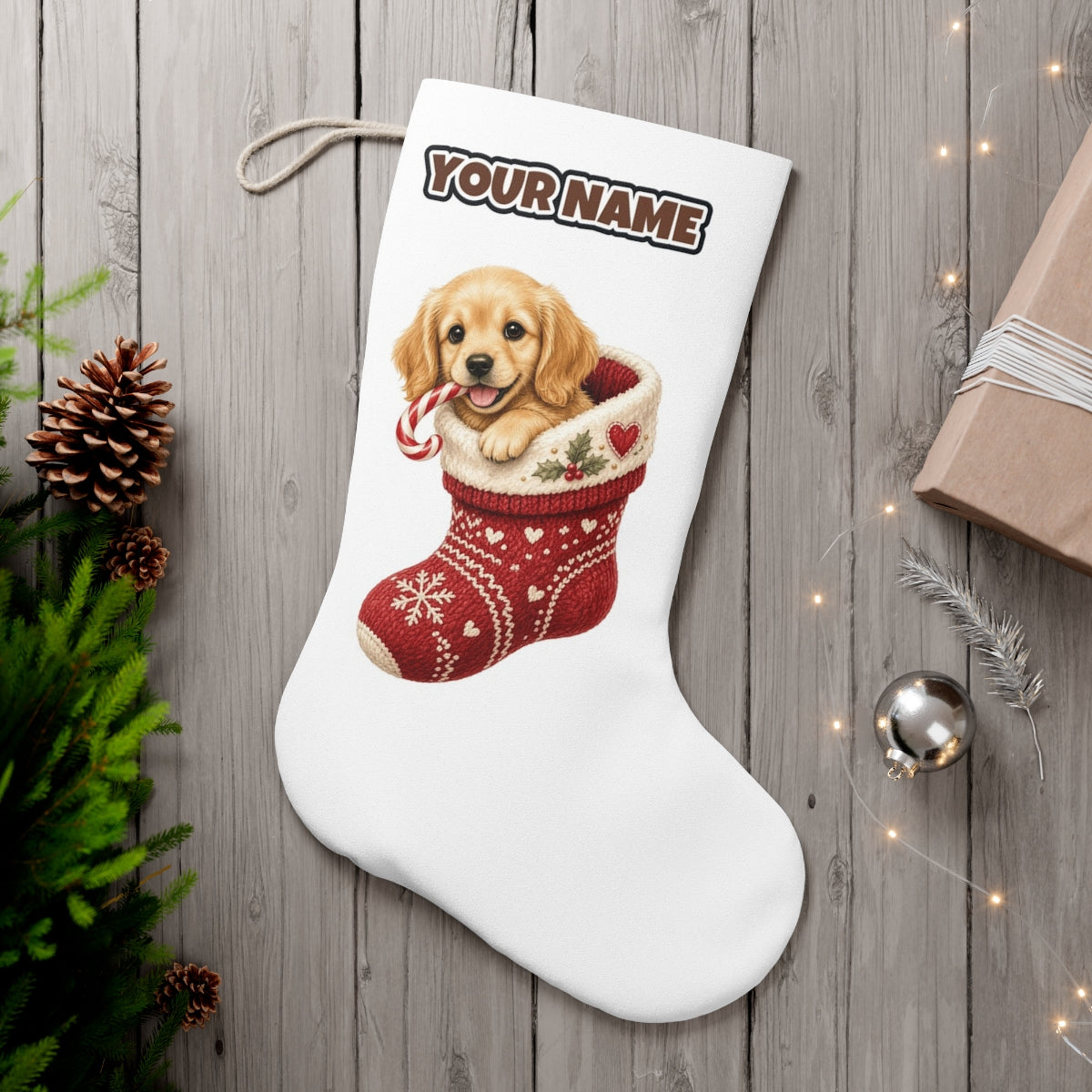 Puppy In A Stocking personalised Christmas stocking, white, with the name across the top